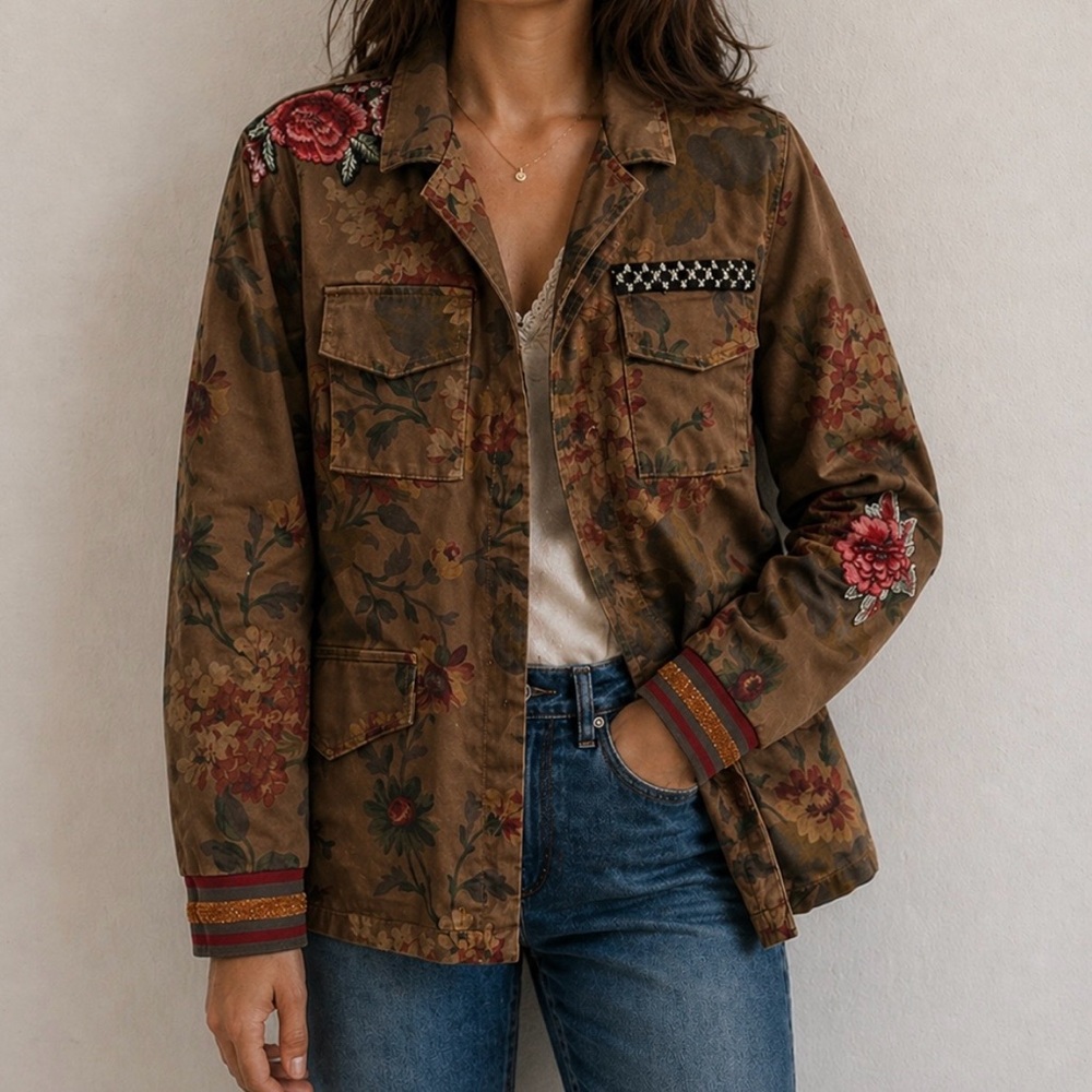 Desigual Brown Floral Utility Jacket with Embroidered Accents NWT Missing Button